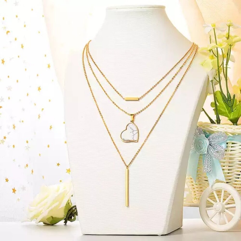 Triple Necklace and Heart Pendant Set | Stainless Steel | Gold Color